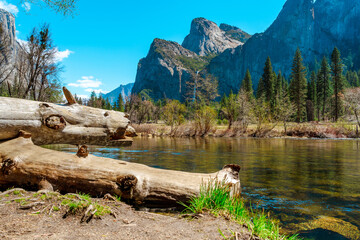 A delightful mountain landscape and a view of the river in Yosemite National Park, in the main plan...