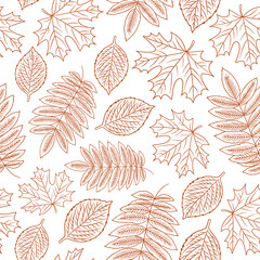 Outline doodle falling Leaves seamless pattern. Brown Autumn Maple, Rowan, Aspen Tree Leaf. Fall season forest vector natural background for invitation, greeting card, wrapping paper, textile, fabric
