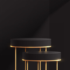 Luxury black, gold cylinder pedestal podiums. Golden table legs. Black friday sale scene with window lighting. Vector rendering 3d shapes, product display presentation. Abstract studio room.