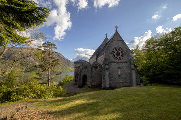 Fototapeta na wymiar St Mary and St Finnan Catholic Church in Glenfinnan, Scottish Highlands, UK