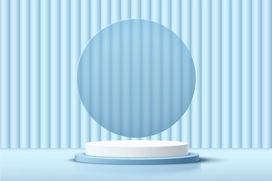 Modern white cylinder pedestal podium with blue glass circle backdrop. Abstract pastel blue color minimal wall scene with vertical line texture. Vector rendering 3d shape product display presentation.