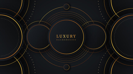Luxury premium black and gold background with modern black and golden shine circle shapes, lines, and dots. Mandala style elegant design with vector layers and dark shadow.
