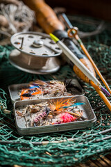 Old fishing equipment with floats and hooks. Fishing equipment.
