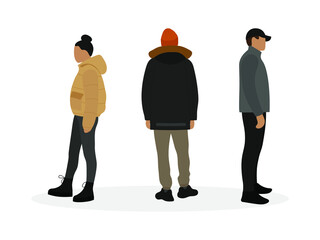 Female character and two male characters are standing with their backs to each other on a white background