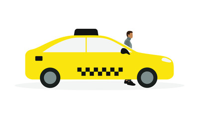 Fototapeta na wymiar Male character stands near a yellow taxi on a white background