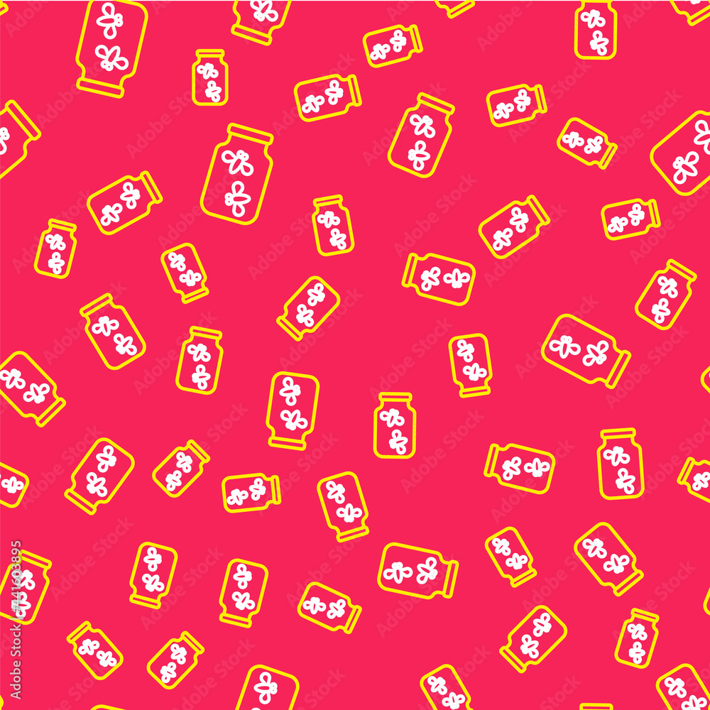 Poster line fireflies bugs in a jar icon isolated seamless pattern on red background. vector