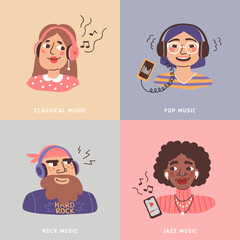 People listen music with headphones. Vector illustration. Happy young woman and man use earphones and smartphones audio players. Cartoon face portrait set isolated, characters enjoy sound