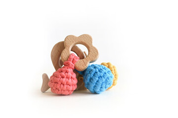 Wooden and cotton teething rings for babies