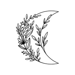 Hand drawn floral crescent moon with flowers and leaves. © Maroshka