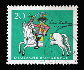 Stamp printed in Germany showing the severed horse - Karl Friedrich Hieronymus Freiherr von Munchhausen (1720-1797), baron of lies, 250th Birth Anniversary of Baron of Munchhausen, circa 1970