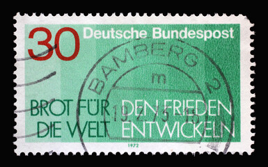 A stamp printed in Germany shows 14th “Bread for the World-Developing Peace” campaign of the Protestant Church in Germany, circa 1972