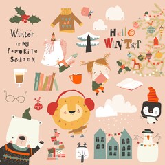 Winter set with Cute Animals, Girl and Holiday Elements
