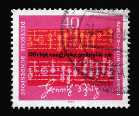 Stamp printed in Germany shows Notes and text by Heinrich Schutz (1585-1672), Composer, 300th Death Anniversary of Heinrich Schutz, circa 1972