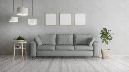 Square poster mockup with Three  frames on empty white wall in living room interior, Living room, 3D Rendering