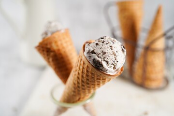 Homemade Cookies and cream cone ice cream, selective focus