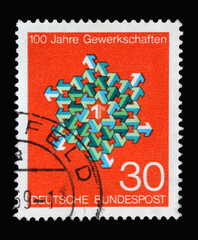 Stamp printed in Germany showing green and white arrows in different directions, Centenary of...