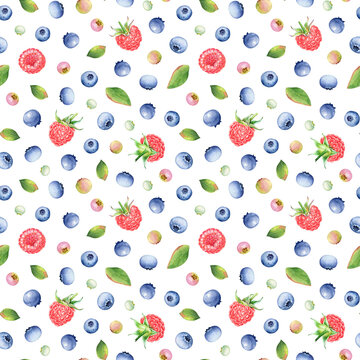 Seamless pattern of watercolor blueberries, raspberries and leaves