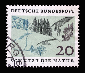 Stamp printed in Germany showing a landscape: low mountain range, European Nature Preservation...