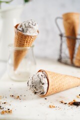 Homemade Cookies and cream cone ice cream, selective focus