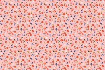 Vector seamless pattern. Pretty pattern in small flowers. Small red  flowers. Coral pink background. Ditsy floral background. The elegant the template for fashion prints. Stock vector.