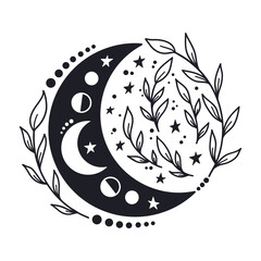 Hand drawn crescent moon with floal elements. © Maroshka