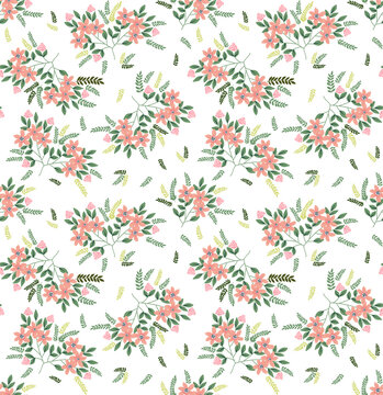 Seamless floral pattern. Ditsy background of small pink flowers. Small-scale flowers scattered over a white background. Stock vector for printing on surfaces and web design. © ann_and_pen