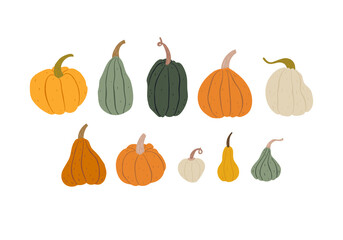 Collection of hand-drawn colorful pumpkins. Flat organic style. Pretty and cute autumn and Halloween decorations. Isolated on white background.