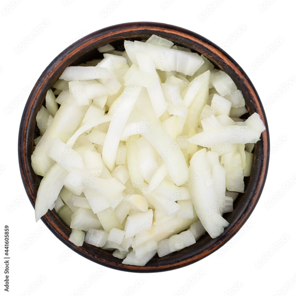 Poster White onion chopped in a clay bowl. Vegetables, ingredients and staple foods. Isolated macro food photo close top on white background.