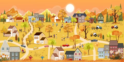 Foto op Canvas Herfst landschap in de stad met gelukkige mensen wandelen in het park, Vector illustratie cartoon herfstseizoen in de stad met oranje gebladerte, vredig panorama natuurlijk in minimalistische stijl Natuurlijk in de stad © Anchalee