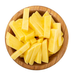 Heap of chopped raw potatoes in a wooden bowl isolated on white background. Fresh vegetables. Top view.