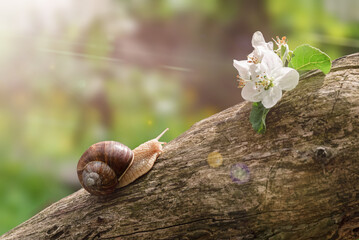 Macro of a snail crawls on tree toward blossom flower, outdoors, natural light.