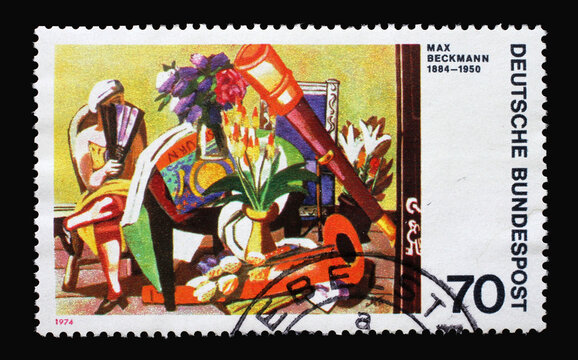 A stamp printed in Germany shows German expressionist painters: Still Life With Telescope by Max Beckmann, circa 1974