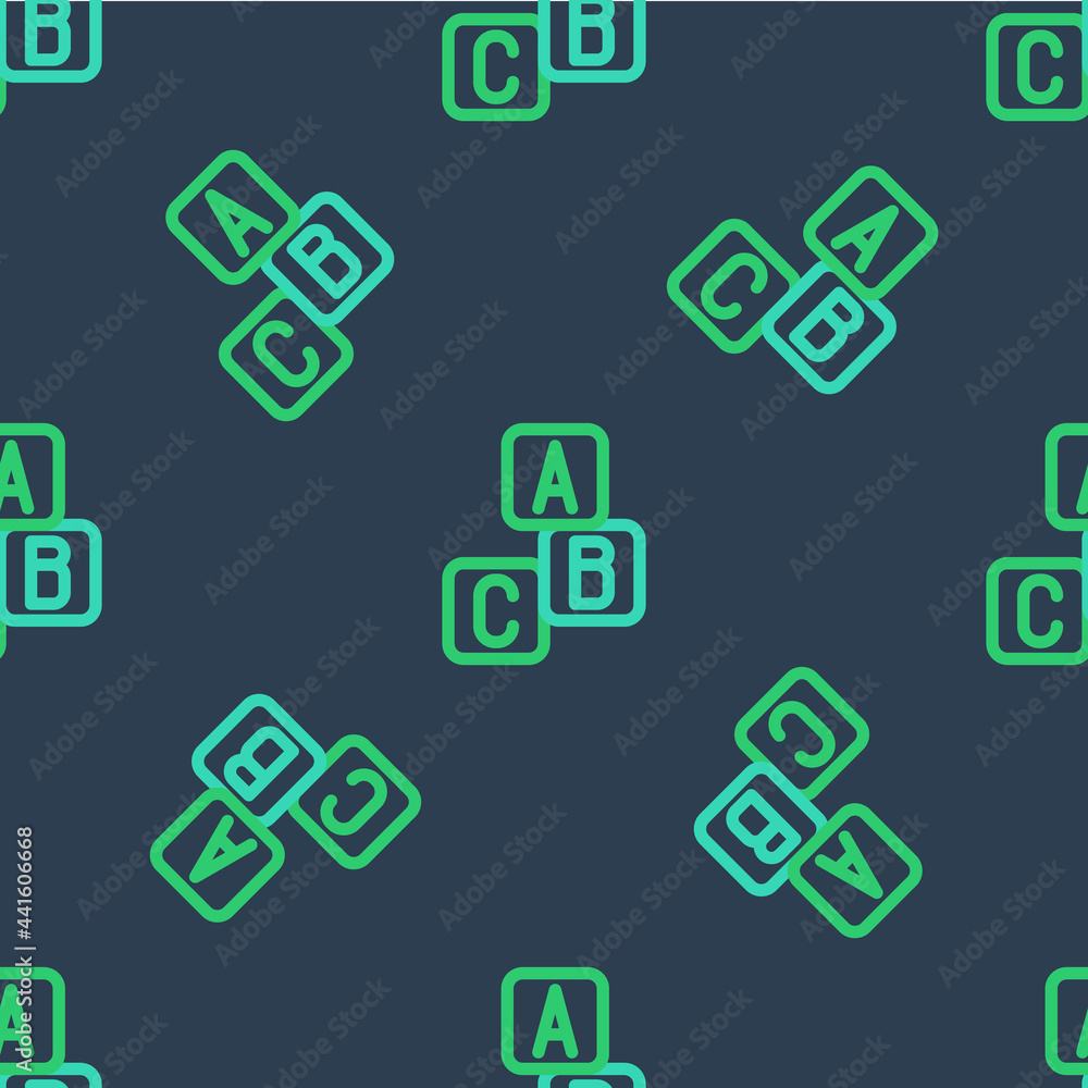 Poster line abc blocks icon isolated seamless pattern on blue background. alphabet cubes with letters a,b,c