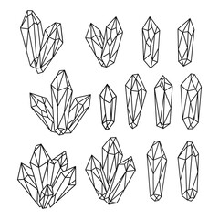 Set of hand drawn monochrome quartz crystals.