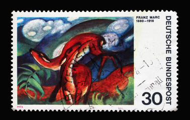 A stamp printed in Germany shows German expressionist painters: Deer in Red, by Franz Marc, circa 1974 - obrazy, fototapety, plakaty
