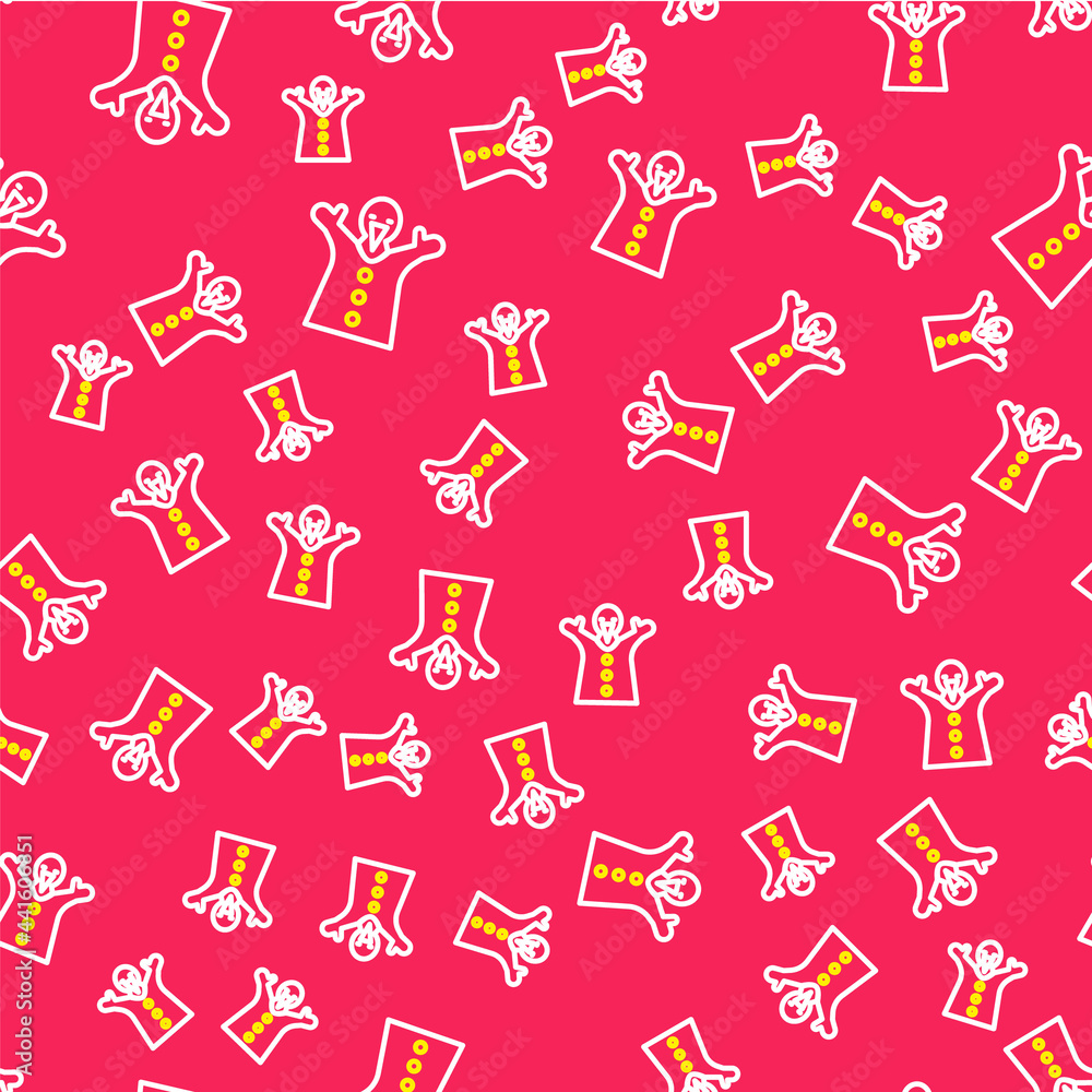 Poster line toy puppet doll on hand icon isolated seamless pattern on red background. vector