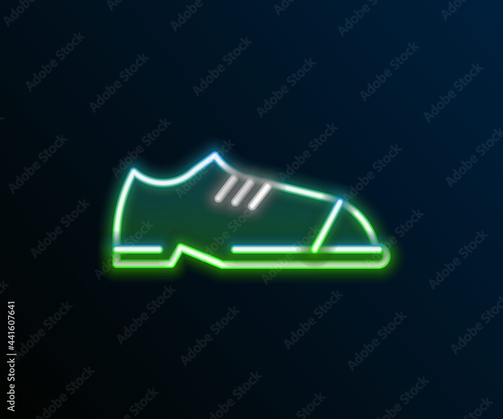 Sticker Glowing neon line Men shoes icon isolated on black background. Colorful outline concept. Vector