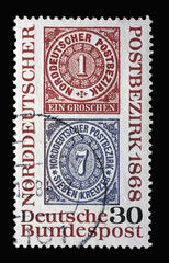 Stamp printed in Germany showing two historical stamps from 1868, North German Postal Confederation, circa 1968