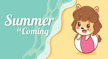 Naklejka premium cute puppy hugging beach ball with a summer greeting banner.