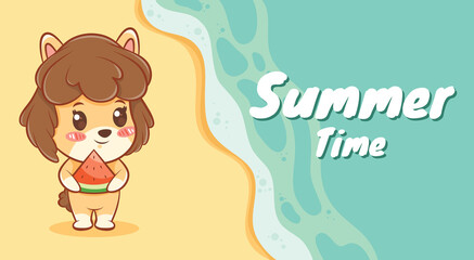 cute puppy holding a watermelon slice with a summer greeting banner.