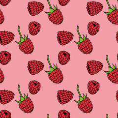 Seamless pattern with raspberry on pink background. Vector image.