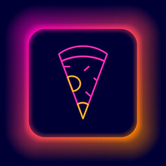 Glowing neon line Slice of pizza icon isolated on black background. Fast food menu. Colorful outline concept. Vector