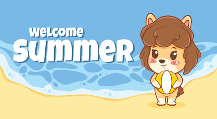 cute puppy hugging beach ball with a summer greeting banner.