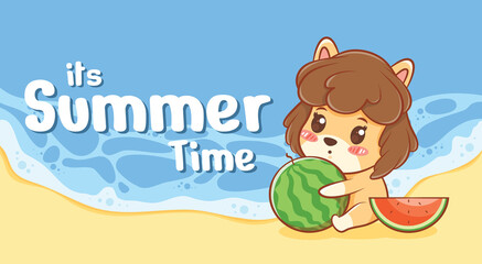 cute puppy hugging watermelon with a summer greeting banner.