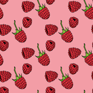 Seamless pattern with raspberry on pink background. Vector image.