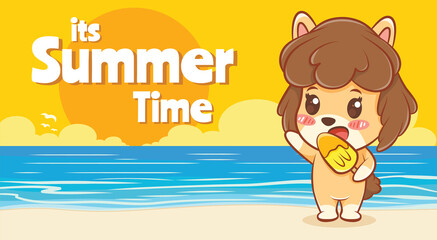 cute puppy holding ice cream with a summer greeting banner.
