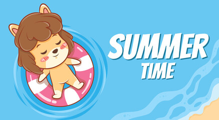 cute puppy floating relaxes with a summer greeting banner.