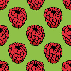 Seamless pattern with raspberry on bright green background. Vector image.