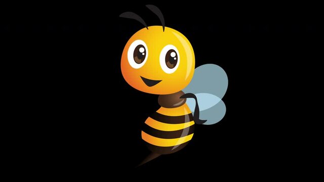 Cartoon cute bee pointing to empty space on alpha channel. Loop animation