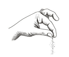 Hand with salt, hands gesture salting food line art, vector cooking symbol hand drawn sketch illustration - 441609890